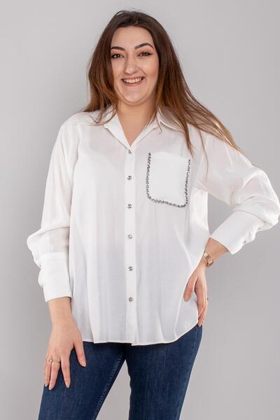 GRANDİ 7082 Büyük Beden Cebi Boncuklu Düğmeli Modal Gömlek