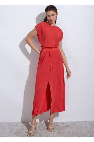Knitss Linen Paper Bag Coral Long Knitwear Skirt