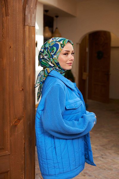 İpekhan Geo Oval Soft Scarf Green Navy Blue 1158-17
