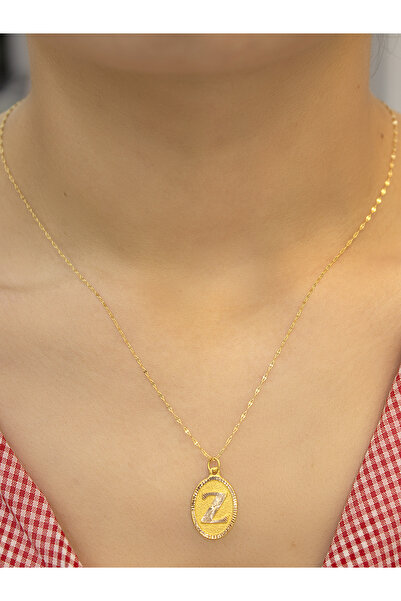 Zeynepli gold & jewelry 14 Ayar Altın Aynalı Oval Z Harfli Kolye