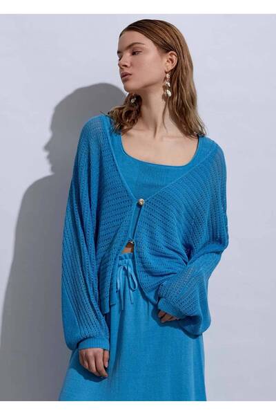 Knitss Deniz Kabuğu Düğmeli Mavi Keten Triko Hırka