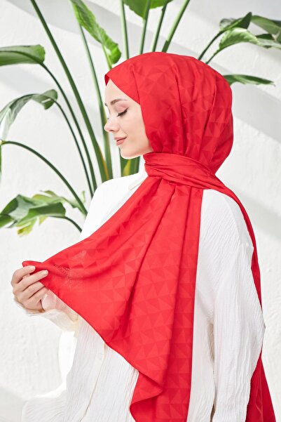 İpekhan Triangle Pattern Silky Jacquard Shawl Red 9005-14