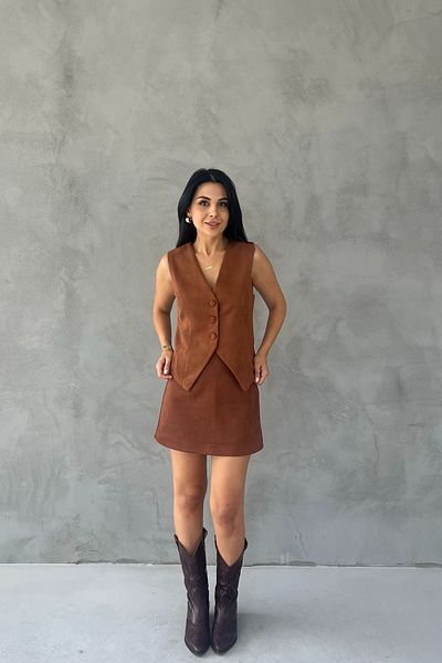 Seda Yalçın Atelier Tan Suede Zippered Mini Skirt