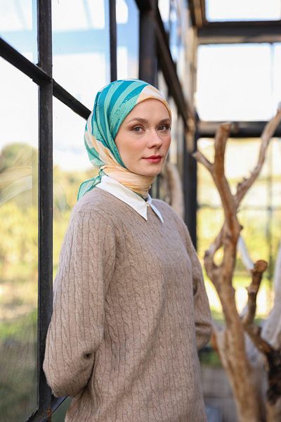 İpekhan Μαλακό κασκόλ Amanda Pattern Steel Blue Beige 1170-02