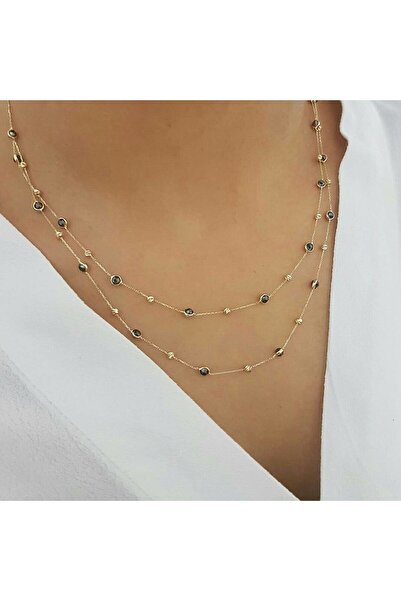 MİNİMAL Altın kalemli top ve siyah taşlı kolye "Asvad"