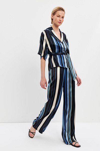 Setre Blue-Black Stripe Detailed Short Sleeve Shirt Set with Comfortable Fit Pants