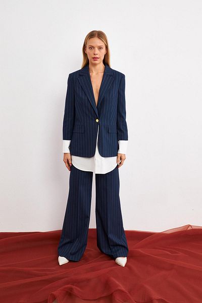 Setre Navy Blue Navy Blue Striped Double Suit with Sleeve Detail