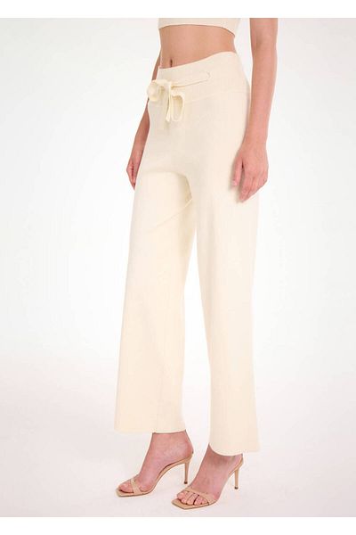 Knitss Cream Knitwear Trousers with Lace-Up Waist