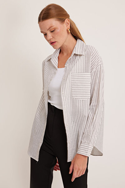 Bigdart Kadın Beyaz Siyah Çizgili Oversize Keten Gömlek 20252