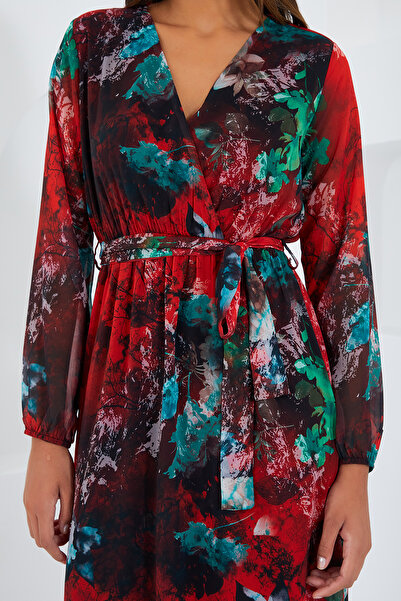 Bigdart Women's Red Green Patterned Chiffon Dress 2134