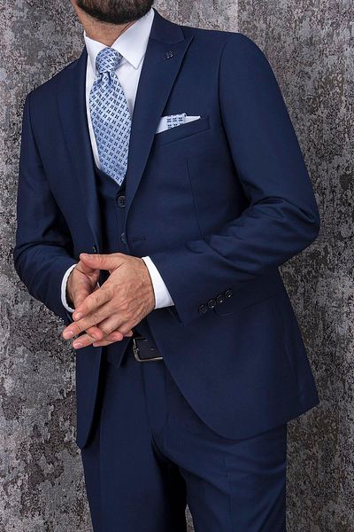 PR PACO ROMANO ART OF FASHİON Men's Slim Fit Pointed Collar Navy Blue Vest Suit