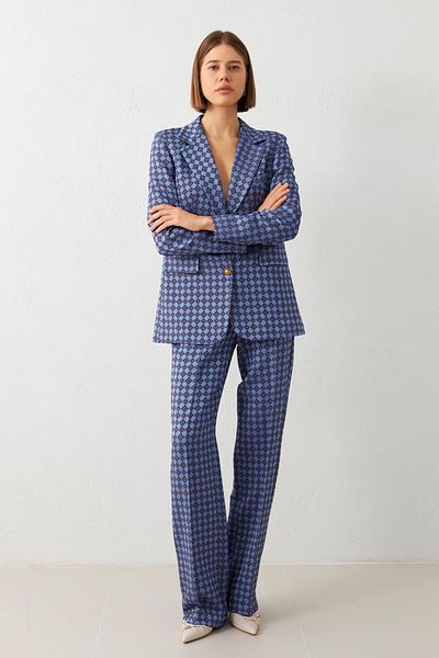 Setre Patterned Blue Suit - Lace-up Waist Jacket and Trousers with Button and Pocket Detail