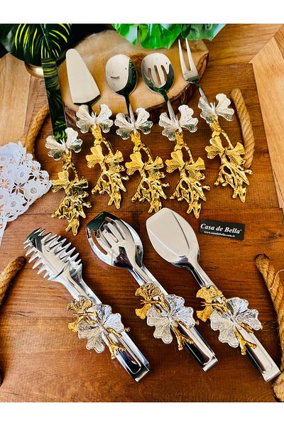 CASA DE BELLA Gold Butterfly Patterned 8 Piece Serving Tongs Set-Silver Tongs