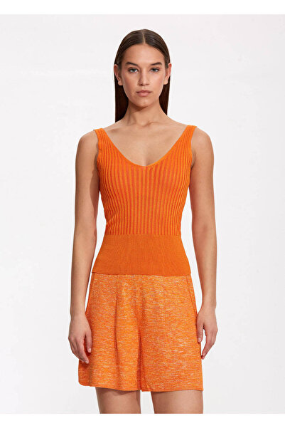 Knitss V Yaka Ribli Turuncu Triko Üst