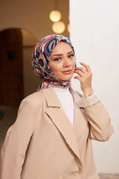 İpekhan Geo Oval Soft Scarf Petrol Blue Pink 1158-09