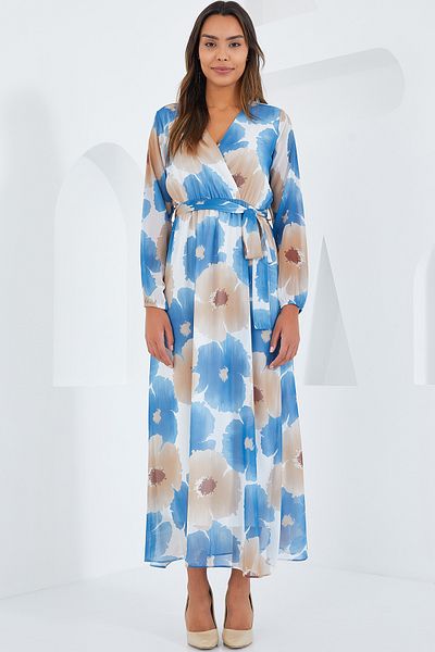 Bigdart Rochie de damă din șifon albastru bej cu modele florale 2134