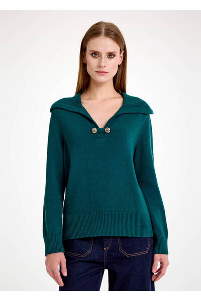 Knitss Kaşmir Karışımlı Geniş Yaka Yeşil Triko