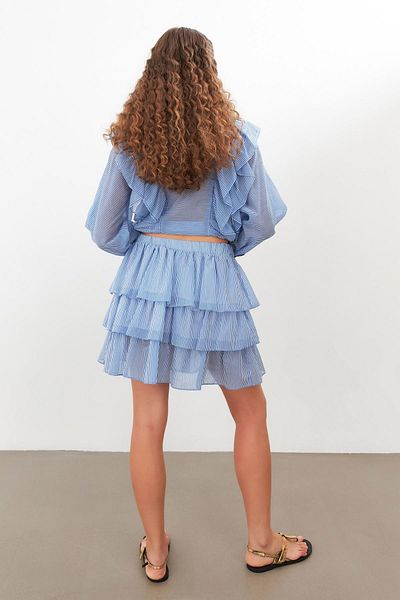 Setre Blue-White Ruffle Detailed Striped Mini Skirt
