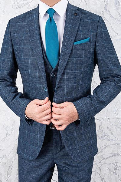 PR PACO ROMANO ART OF FASHİON MEN'S SLIM FIT MONO COLLAR PLAIDED VEST PETROL COMBIN SUIT