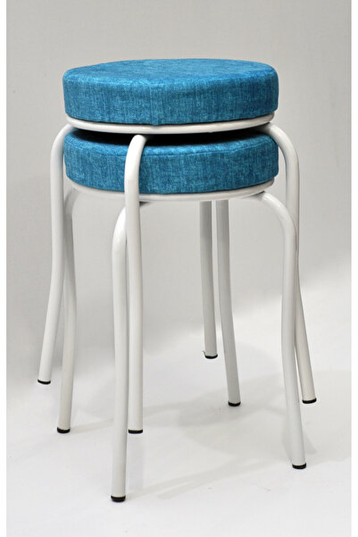 TABURECİM Tabure (2 ADET) Beyaz Ayaklı, Mina Kumaş, Metal Ahtapot Ayak