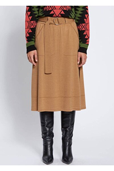 Knitss Merino Wool Camel Knitwear Skirt with Belt Detail