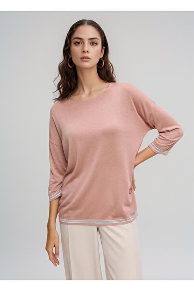 T Guel Women's Rose Colored Glittered Fakir Sleeve Thin Sweater