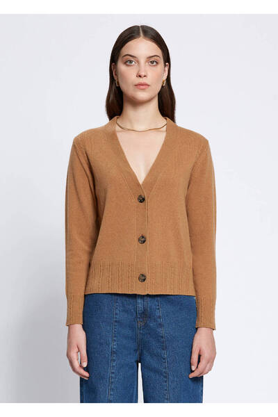 Knitss Cardigan din tricot din cașmir camel cu detaliu împletit în păr