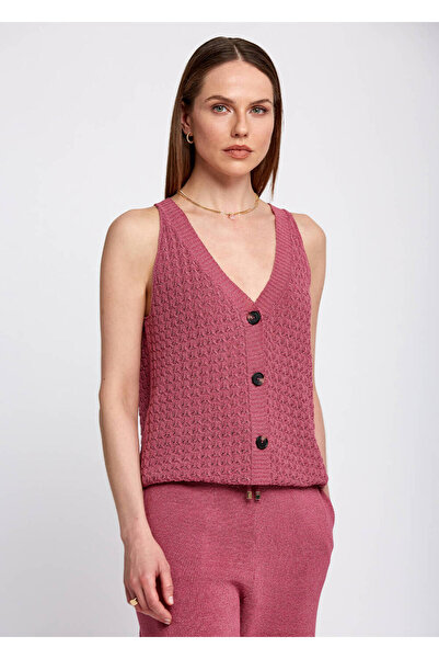 Knitss Πλεκτό Αμάνικο Ροζ Τοπ με Λεπτομέρεια Πλεξούδας και Κουμπιά
