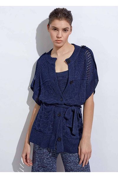 Knitss Knitted Detailed Linen Navy Blue Knitwear Cardigan