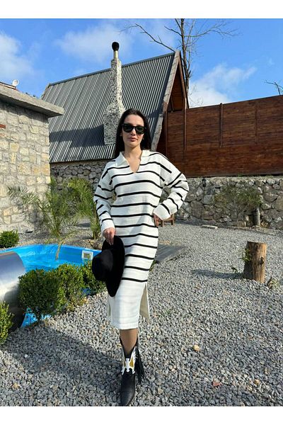 Cloudy Kids Women's Shirt Collar Slit Striped Long Dress