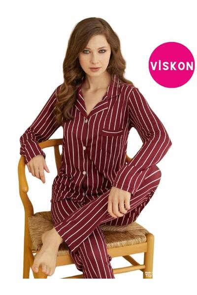 bie's Claret Red White ριγέ βισκόζη με κουμπιά πουκάμισο γιακάς μακρυμάνικο σ...