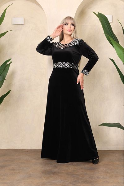 FİDAN TEKSTİL Women's Plus Size Maxi Length Black Velvet Evening Dress