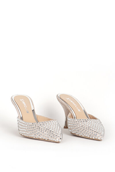 Dericlub Silver Stone Pointed Toe Women's Heeled Slippers - Pl984147