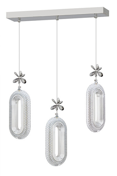 İstanbul Avize Led Alfa 3'lü Sıralı Gümüş Yemek Masası Kumandalı 3 Renk Ledli Modern Led Avize