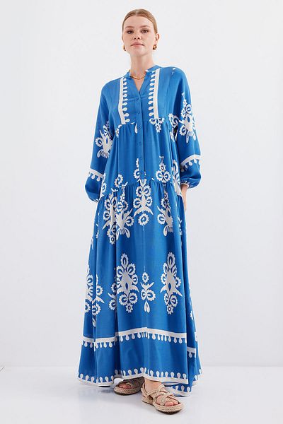 Bigdart 2423 Modell Weißes Indigo Authentisches gemustertes Kleid