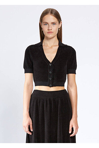 Knitss Taşlı Düğmeli Siyah Crop Triko Üst