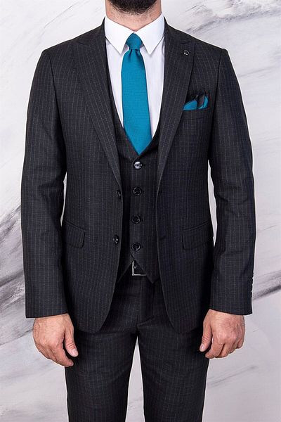 PR PACO ROMANO ART OF FASHİON Men's Slim Fit Pointed Collar Black Striped Vest Suit