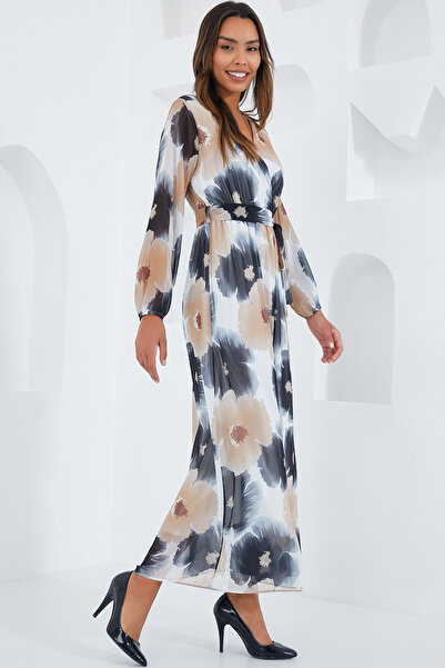 Bigdart Černé béžové dámské šifonové šaty - květinový potisk, model 2134