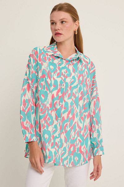 Bigdart Turquoise Pink Patterned Oversize Satin Women's Shirt - 3985