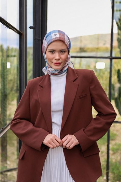 İpekhan Model Logo Eșarfă Moale Albastru Maro 1162-05