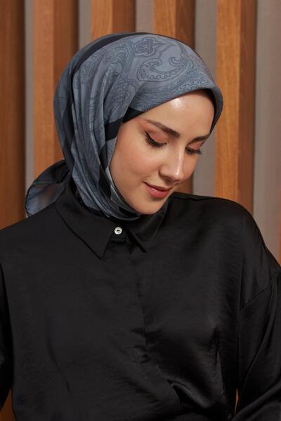 İpekhan Μεταξωτό φουλάρι από μαύρη βαμβακερή βισκόζη με έθνικ σχέδιο - 1127-12