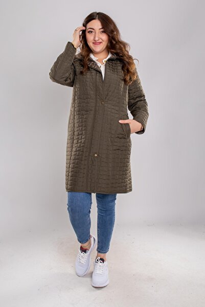 DERFA 1061 Büyük Beden Kapitone Kapüşonlu İçi Kürklü Mont