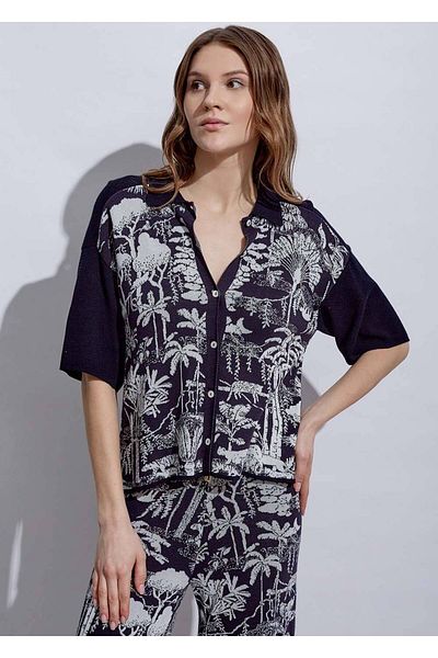 Knitss Πλεκτό μπλουζάκι με τροπικό σχέδιο εκρού Navy Blue