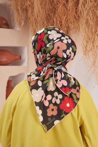 İpekhan Ipekhan Flowers Μαύρο Κόκκινο Βαμβακερό Κασκόλ βισκόζης 1122-08