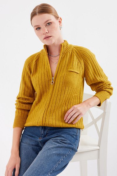Bigdart 15880 Model Mustard Color Zippered Knitwear Cardigan