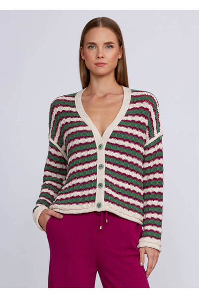 Knitss Organik Pamuk Karışımlı Yeşil Ekru Triko Hırka