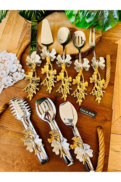 CASA DE BELLA Gold Butterfly Patterned 8 Piece Serving Tongs Set-Silver Tongs