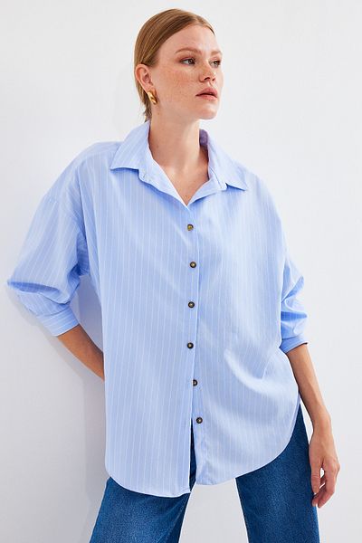 Bigdart 20208 Blue Striped Oversize Long Shirt