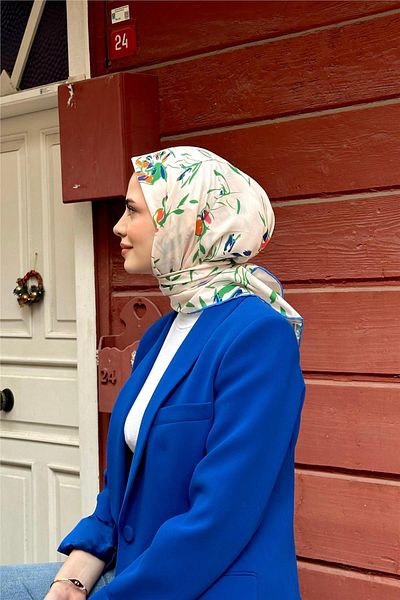 İpekhan Blue Cream Garden Soft Scarf - 1149-10