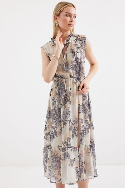 Bigdart 2503 Rochie din șifon antracit cu model - mânecă zero